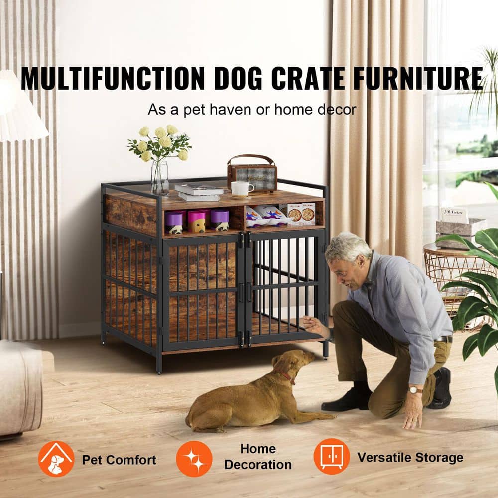 Large Rustic Brown Wooden Dog Crate with Storage
