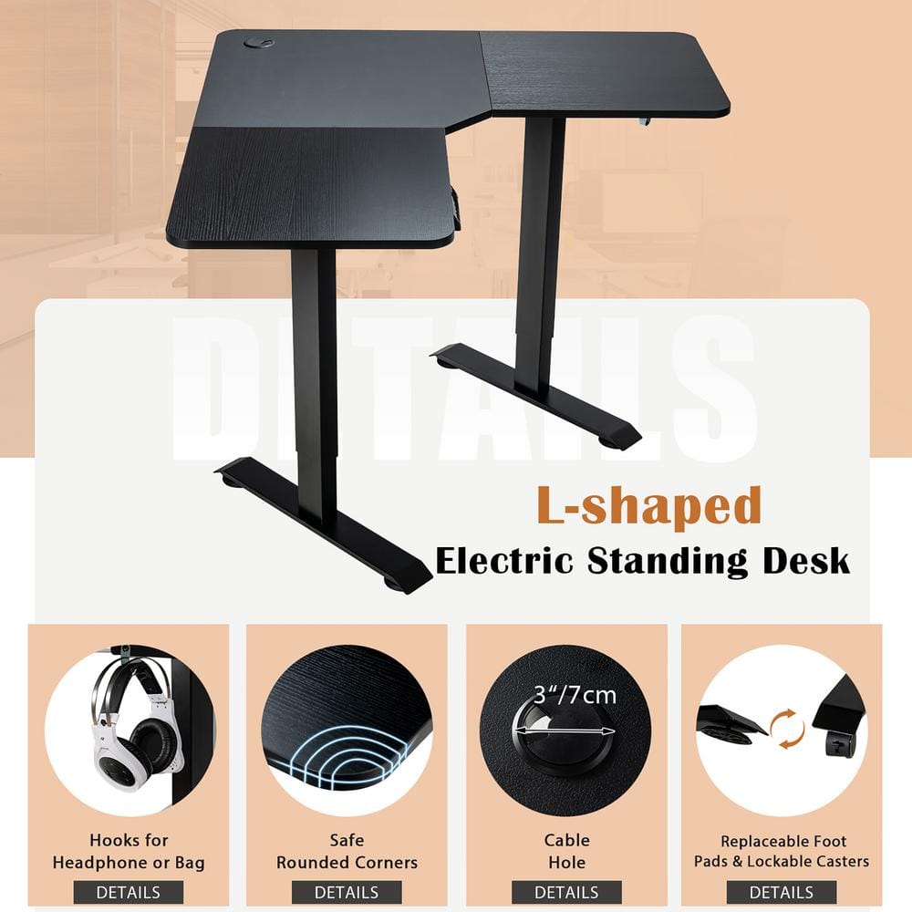 Black Adjustable Height L-Shaped Standing Desk with Hooks