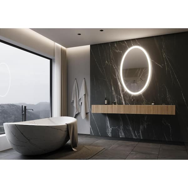 Unbranded 30 in. W x 48 in. H Oval Chrome Framed Wall Mounted Bathroom Vanity Mirror 3000K LED