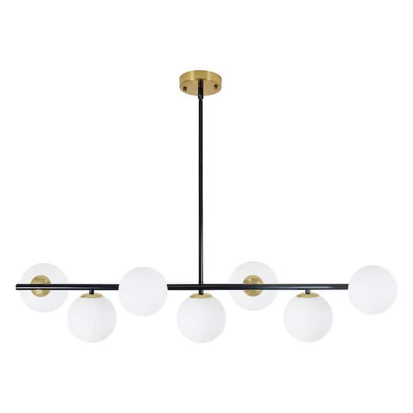 Modern 7-Lights Linear Pendant Lighting, Black and Gold Globe Glass Chandelier