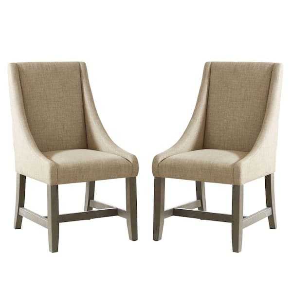 Benjara Beige Fabric Wood Legs Dining Arm Chair (Set of 2)