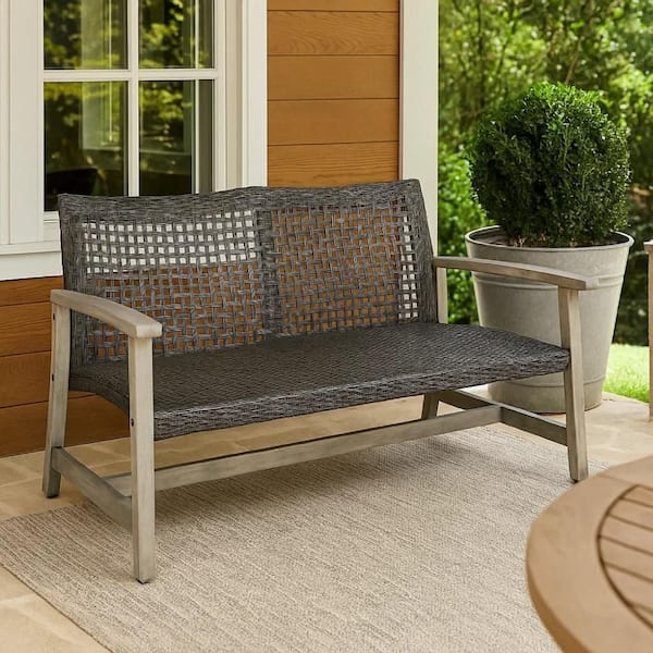 Bops Gray Rustic Acacia Wood Frame Wicker Patio Outdoor Loveseat