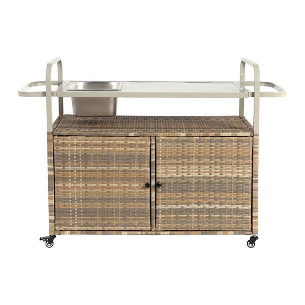 Beige Wicker Outdoor Bar with Cabinet, Steel Top, Ice Bucket and Lockable Wheels