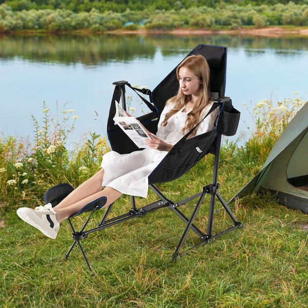 HONEY JOY Black Camping Chair with Removable Footrest Folding Lounge Chair  with Adjustable Backrest Pillow Cup Holder TOPB006542 - The Home Depot