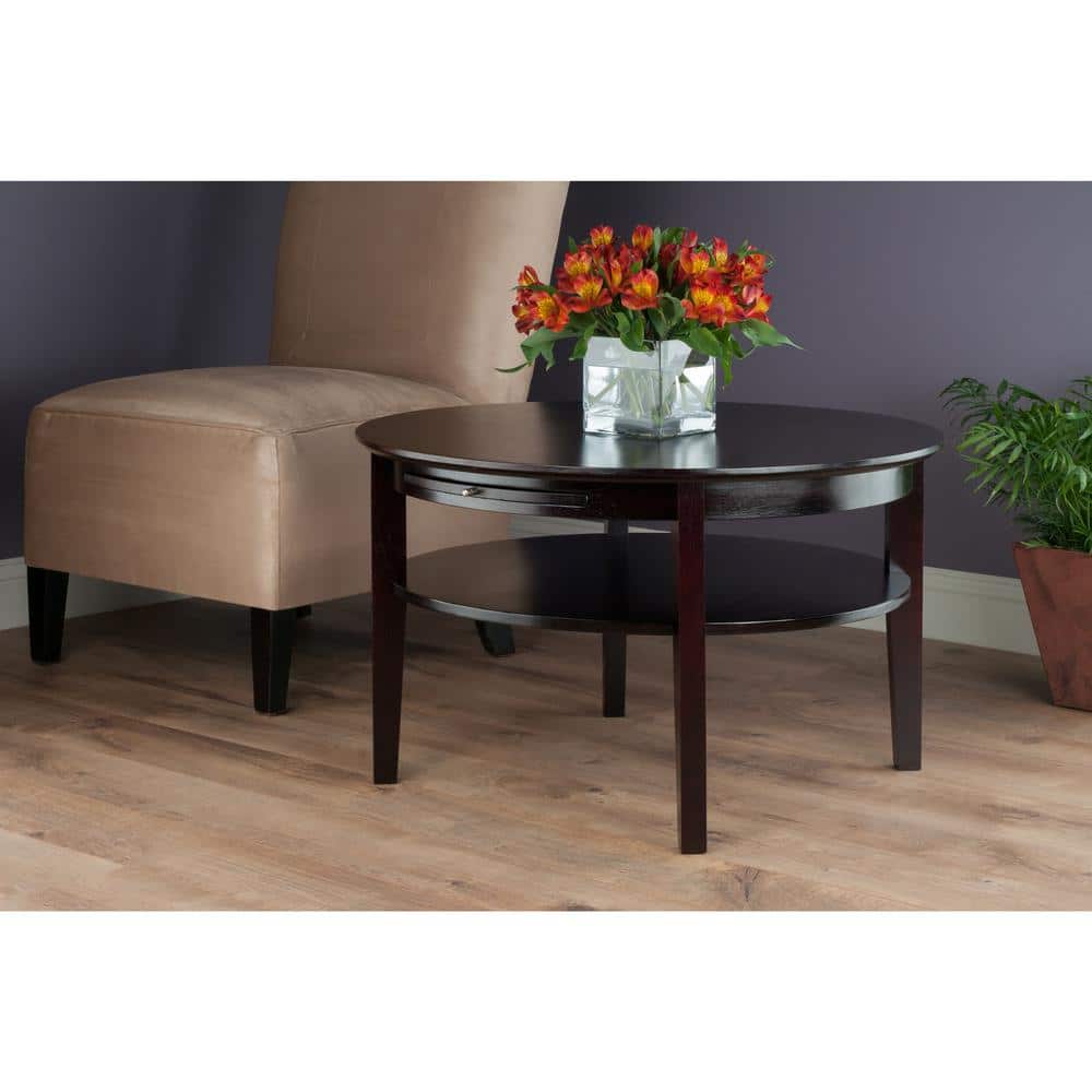 Traditional Amelia Round Espresso Wood Coffee Table with Storage