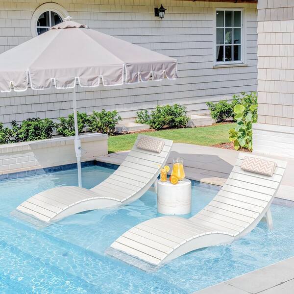 White Collapsible 2-Piece HDPS Plastic Outdoor Chaise Lounge with Headrest Cushions for Pool Loungers Up to 11 in. Deep