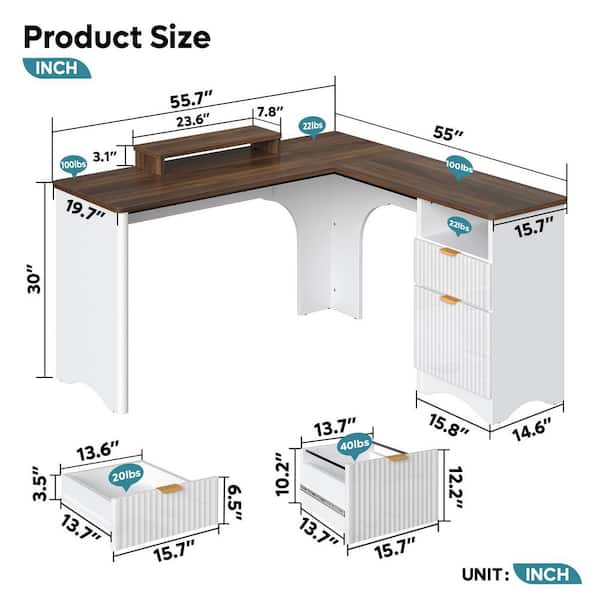 55 in. Rectangular Walt and White 2-Drawer L Shaped Computer Desk with Open Storage and Monitor Stand