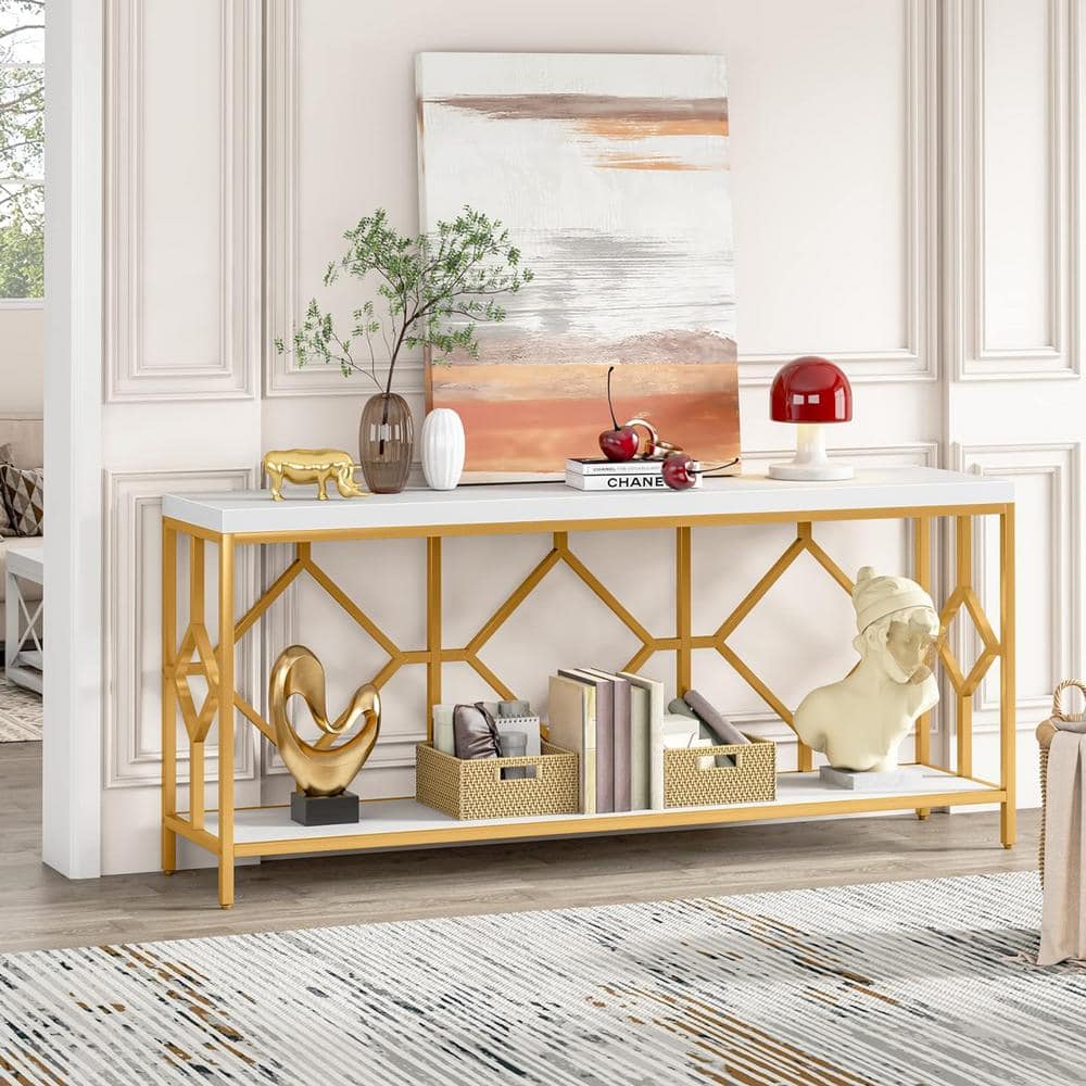 White and Gold 71" Wood and Metal Console Table with Storage