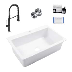 Jackson 33 in. 1-Hole Drop-In Single Bowl Crisp White Fireclay Kitchen Sink with Bruton Black Faucet Kit