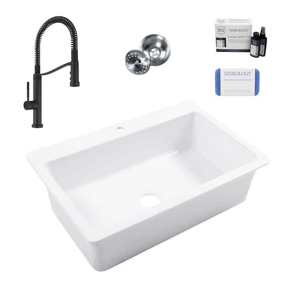 Jackson 33 in. 1-Hole Drop-In Single Bowl Crisp White Fireclay Kitchen Sink with Bruton Black Faucet Kit