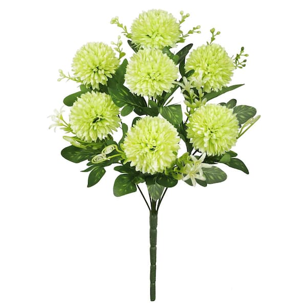 LIVING LUXURY 16 in. Light Green Artificial Pom Mum Flower Stem Bush Bouquet Set of 3