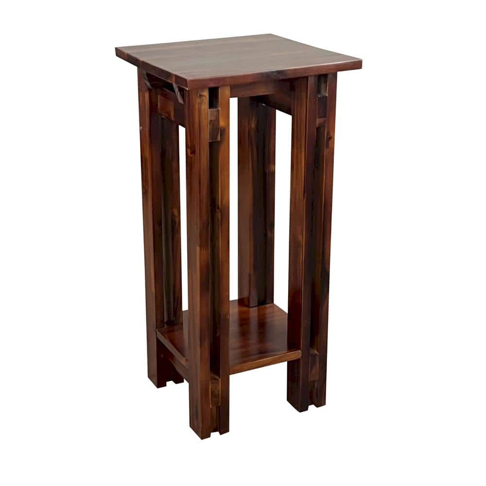 27.5 in. Mahogany Square Acacia Wood Indoor Plant Stand with 2-Tiers