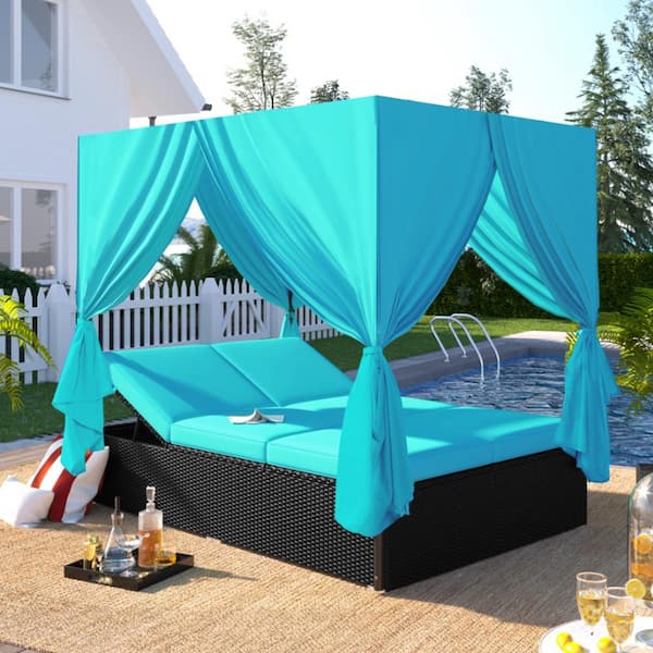 Boosicavelly Black Wicker Rattan Outdoor Day Bed with Blue Cushions and Adjustable Seats and Blue Curtains