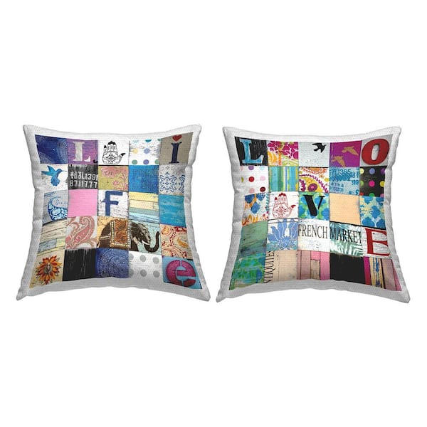 Stupell Industries Life Love Bold Typography Collage Multi-Color Square Outdoor Throw Pillow 2-Pack