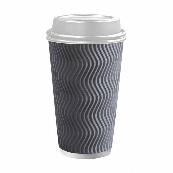 100-Pack 16 oz Grey Double-Wall Ripple Paper Coffee Cups with 100 White Lids