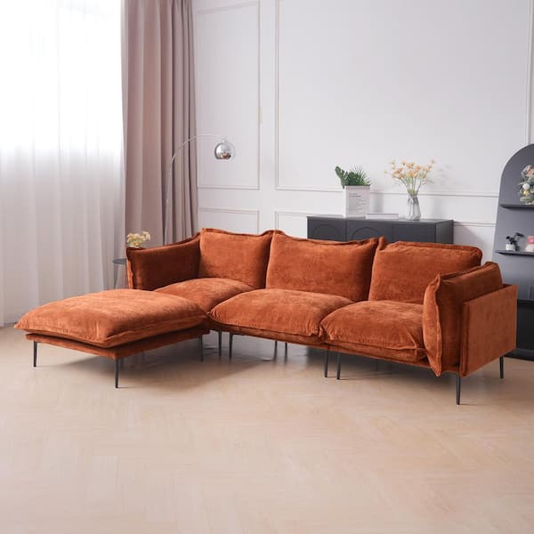 Robot Vacuum Friendly 111 in. Tapered Arm Velvet Modular Sectional Sofa Couch with Ottoman, Metal High Legs in Orange