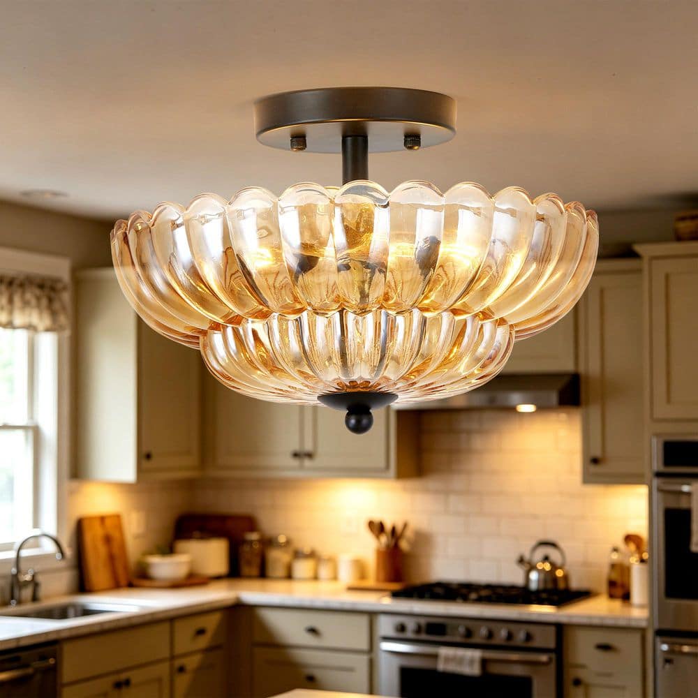 11.80 in. 3-Bulb Dome Gloss Vintage Amber Glass Semi-Flush Mount for Bedroom Kitchen Living Room, No Bulb(s) Included price history on PriceWatchPro