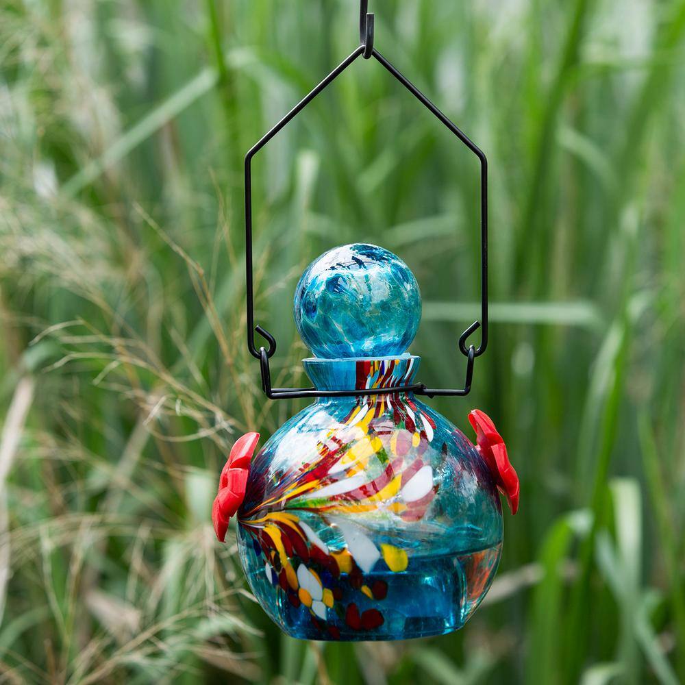 Hand-Blown Blue Glass Solar Hanging Hummingbird Feeder