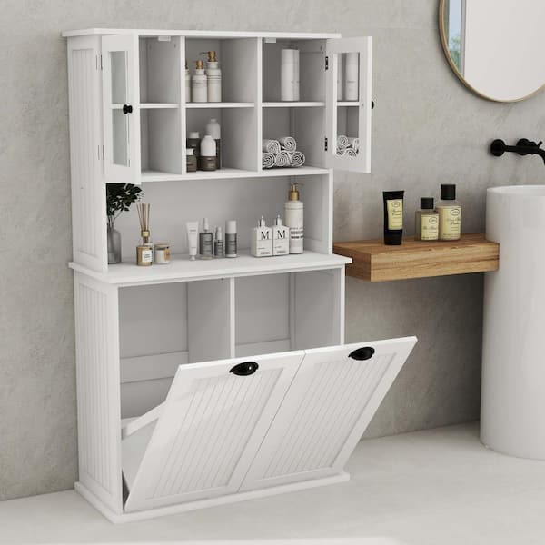 FUNKOL 60 in. H White Two-Compartment Tilt-Out Dirty Laundry