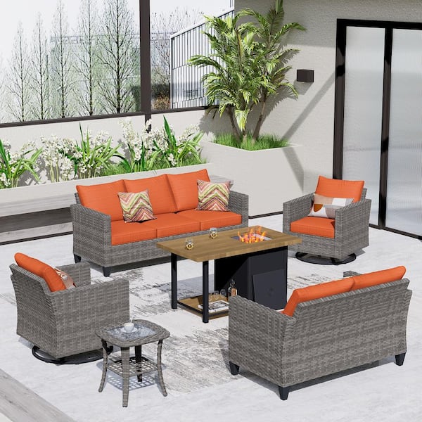 OVIOS New Vultros Gray 6-Piece Outdoor Patio Firepit Table Conversation Set with Orange Red Cushions and Swivel Rocking Chairs