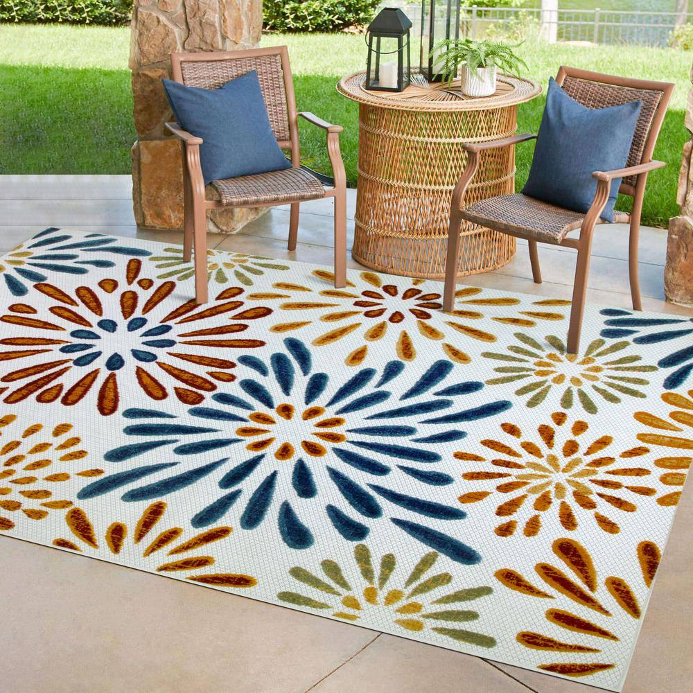 Blue and Gold Floral Indoor Outdoor Area Rug 4'x6'