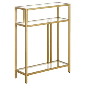 Cortland 22 in. Brass Rectangle Glass Console Table with Glass Shelves