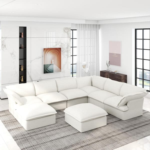 Magic Home 163 in. Flared Arm 8-Piece Linen U-Shaped Overstuffed Deep Seat Cloud Sectional Sofa in White with Storage Ottomans