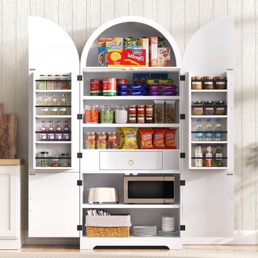 White 72 in. H Arched Kitchen Pantry Cabinet with Door Internal Racks, Adjustable Shelves, Fluted Doors, Gold Handles price history on PriceWatchPro