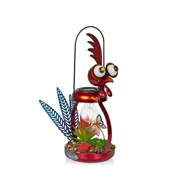 Solar-Powered Metal Rooster w/Garden Enclosed LED Light Decor, Solar Patio Decor, 16 in. H, Red