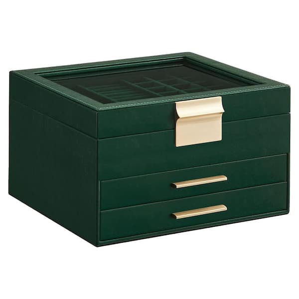 Unbranded Jewelry Box Organizer with Glass Lid, 3-Layer Storage, 2 Drawers, Forest Green and Gold, 8 in. x 9.1 in. x 5.3 in.