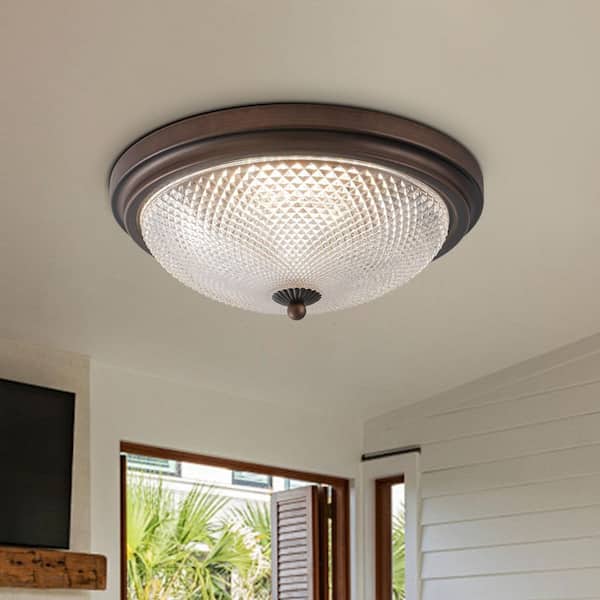 HUOKU Delainy 1-Light 13.4 in. W Oil Rubbed Bronze LED Flush Mount Ceiling Light with Diamond Glass Shade and Selectable CCT