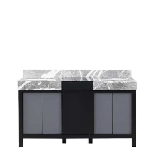 Zilara 60 in W x 22 in D Black and Grey Double Bath Vanity and Castle Grey Marble Top