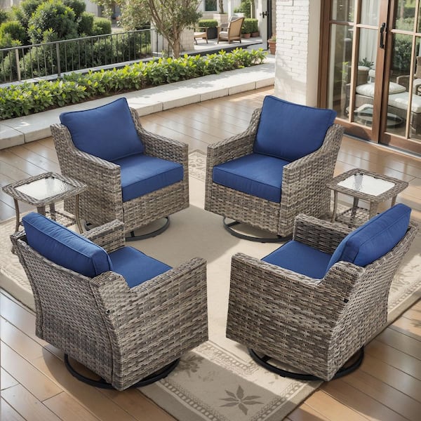 Glissia Gray 6-Piece Wicker Swivel Gliders Patio Conversation Set with 4 in. Navy Blue Cushions and Side Table