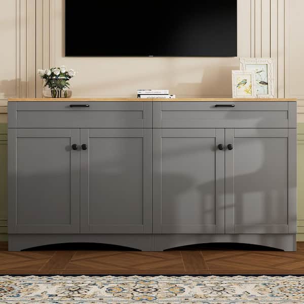 Harper & Bright Designs Gray 4-Door Wood 62.9 in. Sideboard with 2 Drawers, Versatile Wood Grain TV Stand Fits TVs Up to 70 in.