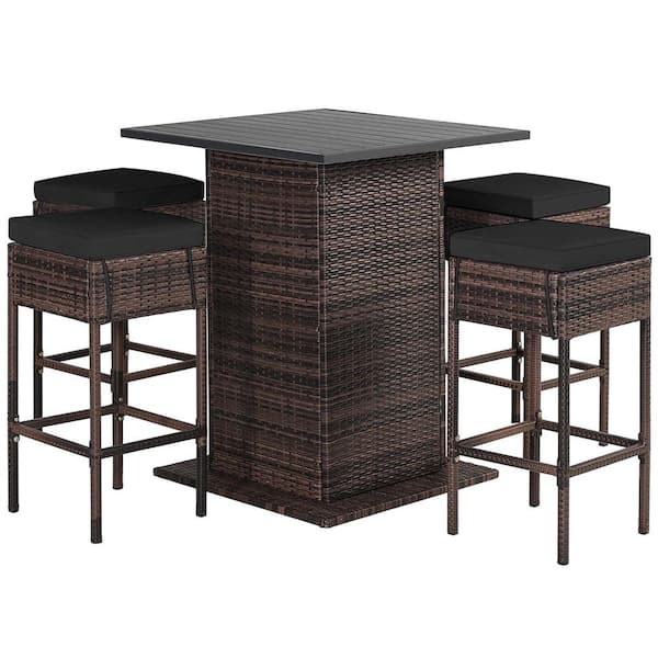 Costway Patio Plastic Wicker Outdoor Bar Stool Set with Black Cushions Hidden Storage Shelf