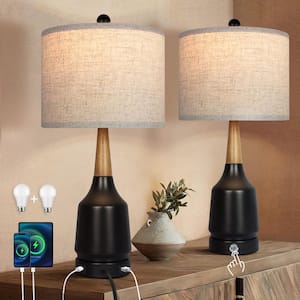 22 in. Black Bedside Table Lamp Set with USB Ports and Dimmable LED Bulbs (Set of 2)