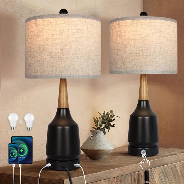 BICIK 22 in. Black Bedside Table Lamp Set with USB Ports and Dimmable LED Bulbs (Set of 2)