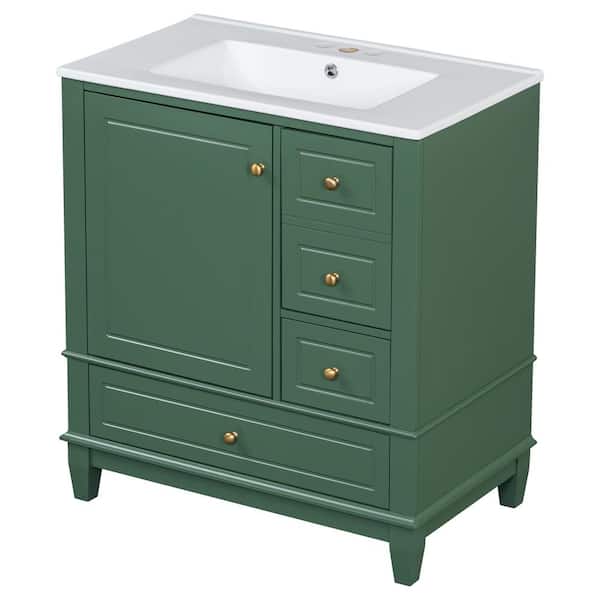 CHRISTOPHER KNIGHT HOME Seraphine 30 in. Green Modern Bath Vanity with White Ceramic Top, Drawers, Shelves, Cabinet, Rubberwood, MDF