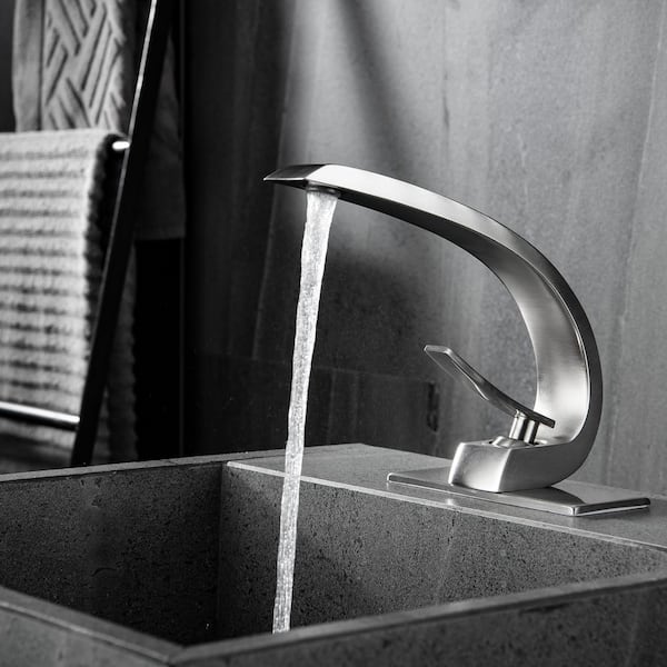 Single Hole 1-Handle Bathroom Faucet in Brushed Nickel with Deck Mount Lead-Free Solid Brass Arc Style Sink Faucet
