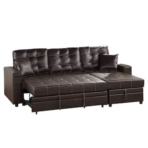 Espresso Faux Leather Square Tufted Adjustable Sectional Sleeper Set with 2-Accent Pillows (2-Pieces)