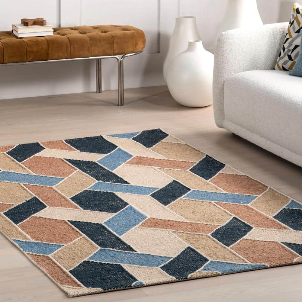 Rhea Blue and Beige Wool Cotton 5' x 8' Geometric Area Rug