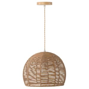 13.38 in. 1-Light Brown Farmhouse Dome Modern Brown Rattan Pendant Light for Kitchen Island Dining Room Foyer