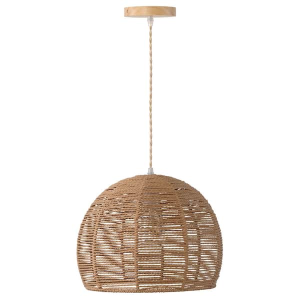Unbranded 13.38 in. 1-Light Brown Farmhouse Dome Modern Brown Rattan Pendant Light for Kitchen Island Dining Room Foyer