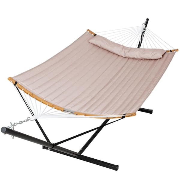 Atesun 12 ft. Free Standing, 475 lbs. Capacity, Heavy-Duty 2-Person Hammock with Stand and Detachable Pillow in Tan