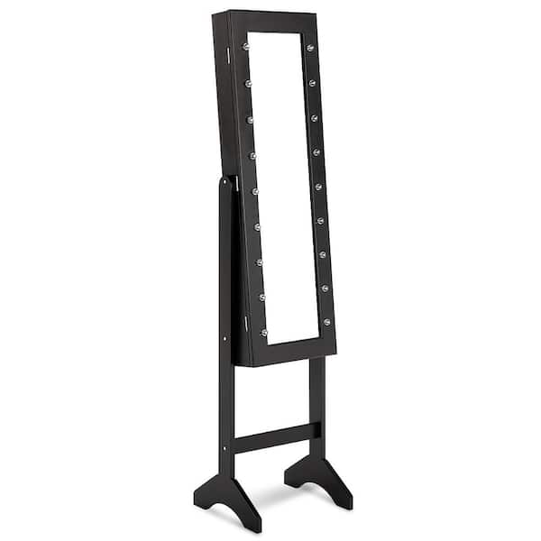 HONEY JOY 14 in. x 12.5 in. x 57 in. Black LED Lighting Mirrored MDF Jewelry Cabinet Armoire Free Standing Dressing Organizer