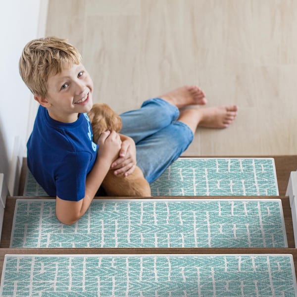 Hudson Teal 9 in. x 28 in. Cotton Carpet Stair Tread Cover (Set of 7)