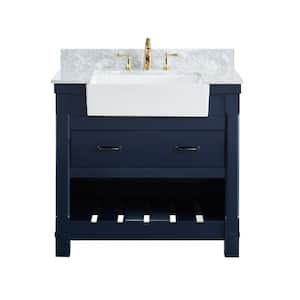 Farmville 36 in. W x 22 in. D x 34.75 in. H Vanity in Navy Blue with Carrara Marble Vanity Top in White with White Basin