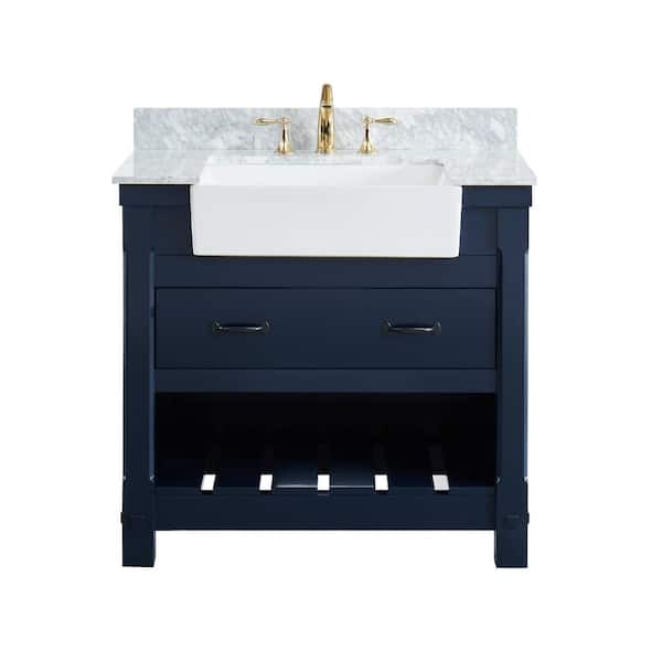 TILE & TOP Farmville 36 in. W x 22 in. D x 34.75 in. H Vanity in Navy Blue with Carrara Marble Vanity Top in White with White Basin