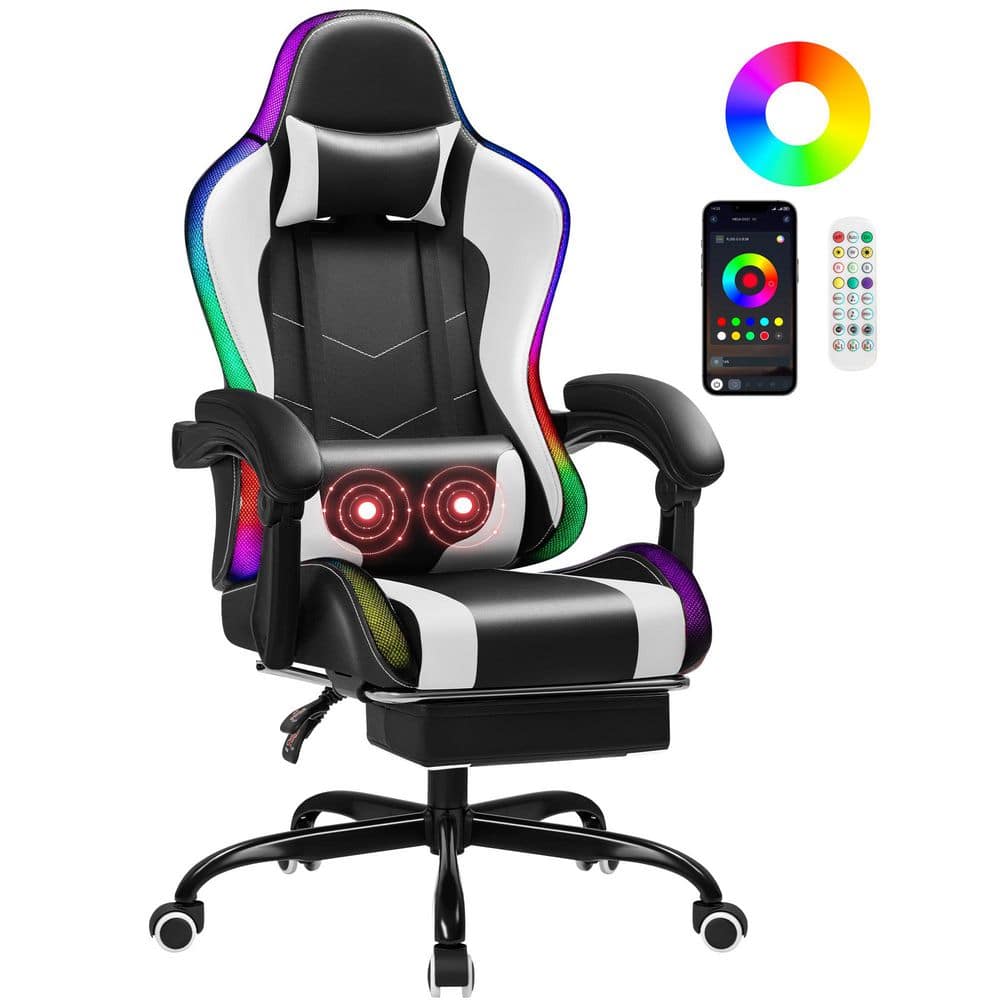 RGB Ergonomic Faux Leather Height Adjustable Reclining Gaming Chair in White with Footrest and Massage Lumbar Support