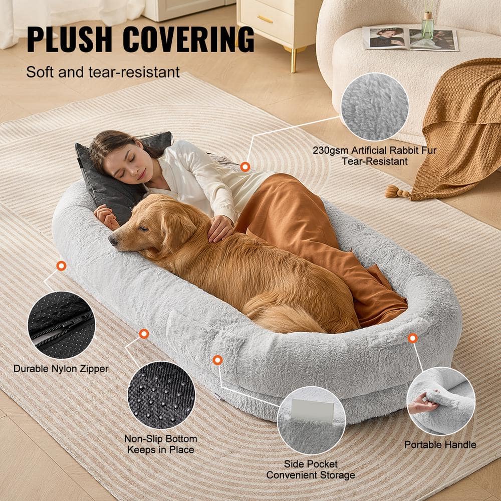 Large Light Gray Orthopedic Human Dog Bed with Faux Rabbit Fur